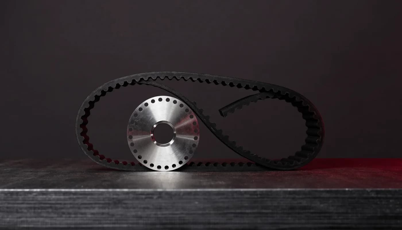 Toothed timing belt and metal timing component on a workbench
