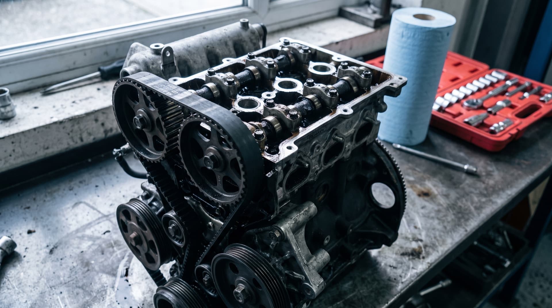 Timing belt and camshaft sprockets on an engine at Demon Autos Stoke-on-Trent